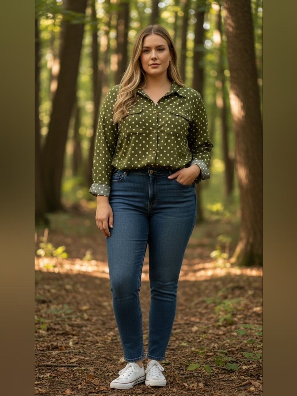 Notations Woman Olive Green Polka Dot Button Down Blouse Plus Size 3X
